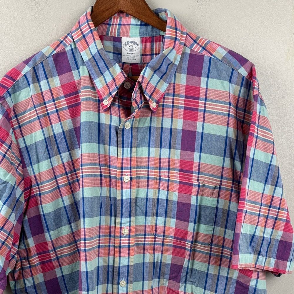 Brooks Brothers 2XL XXL Multicolor Plaid Button-Down Shirt short sleeve office